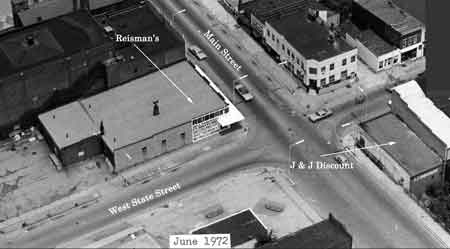 1972 urban renewal aerial view of Reisman’s furniture store showing the changes from the original building shown above.