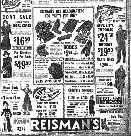 A Reisman's store advertisement that appeared in the December 5, 1941 Niles Daily Times newspaper. Reismans was still operating out of the store next to the Niles Bank Building at this time.