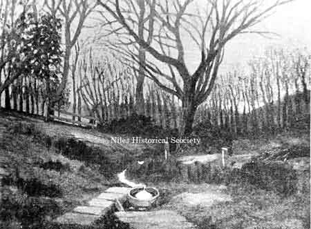 This illustration is from a painting by Joseph N. Higley, from a photograph taken by him about 1903, just before the Salt Springs were covered over by the B & O railroad fill.