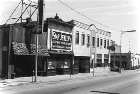 Photo taken of Star Jewelry and Seiber’s Sporting Goods located on the east side of Main Street in downtown Niles before urban renewal.