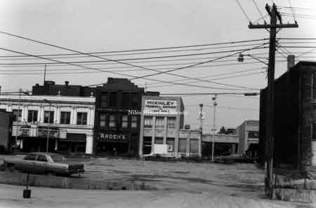 Photo taken of McKinley Federal Savings and Loan, and the Arden Building, (also The Old Main Ale & Chowder House) located on the site of the McKinley home in downtown Niles before urban renewal.