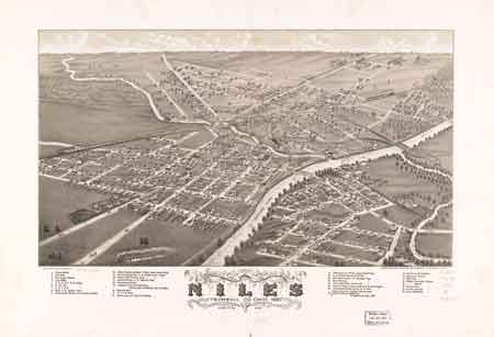 Many of the brick buildings on East State Street and South Main Street that were razed during urban renewal had been built before 1882 as shown in this panoramic map of Niles