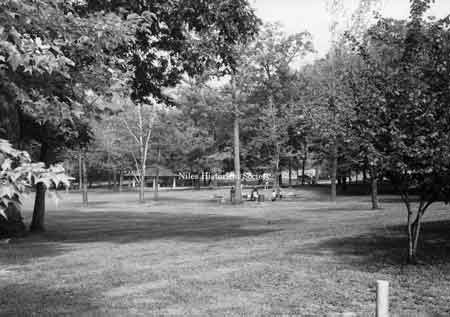 Waddell Park - one of the picnic shelters. Donated in 1931 by Jacob and Mary Waddell, today it hosts the Niles Little League teams.