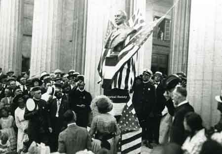 Vice President Calvin Coolidge spoke at the dedication of the Harding bust at the McKinley Memorial on June 18, 1921.